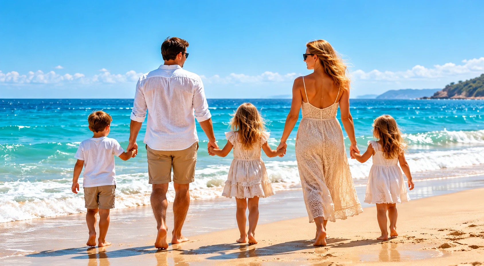 Happy family enjoying a sunny beach vacation together