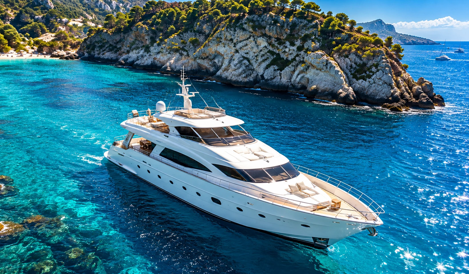 Luxury yacht cruising through turquoise Mediterranean waters