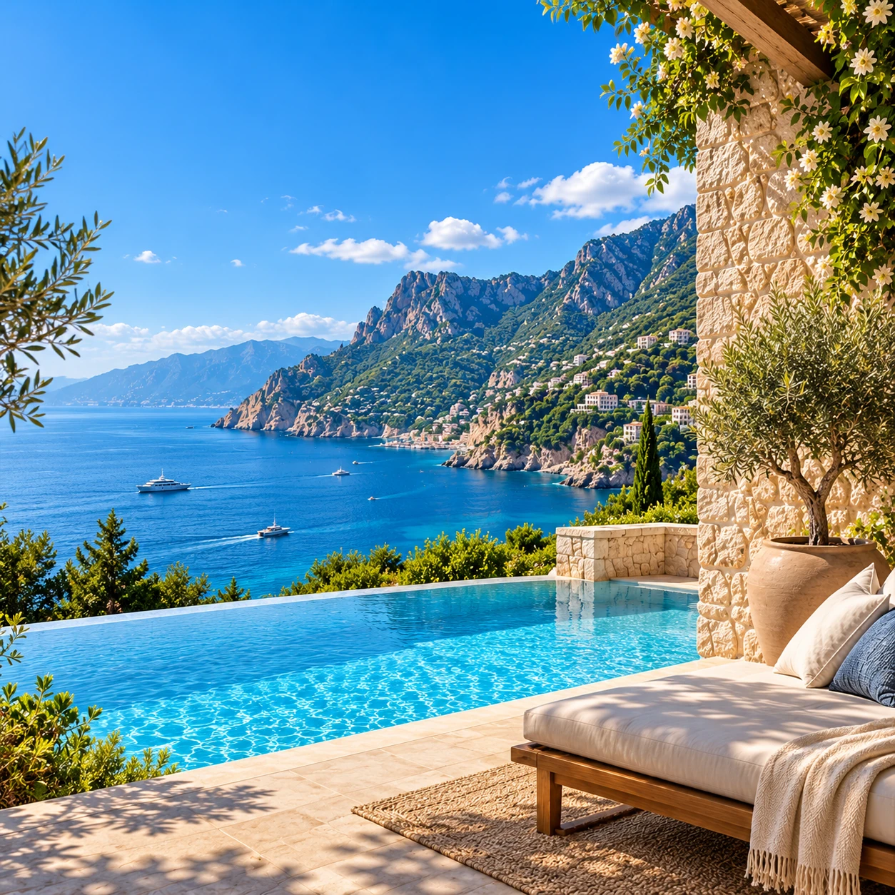 Luxury Mediterranean villa with infinity pool overlooking the sea and mountains
