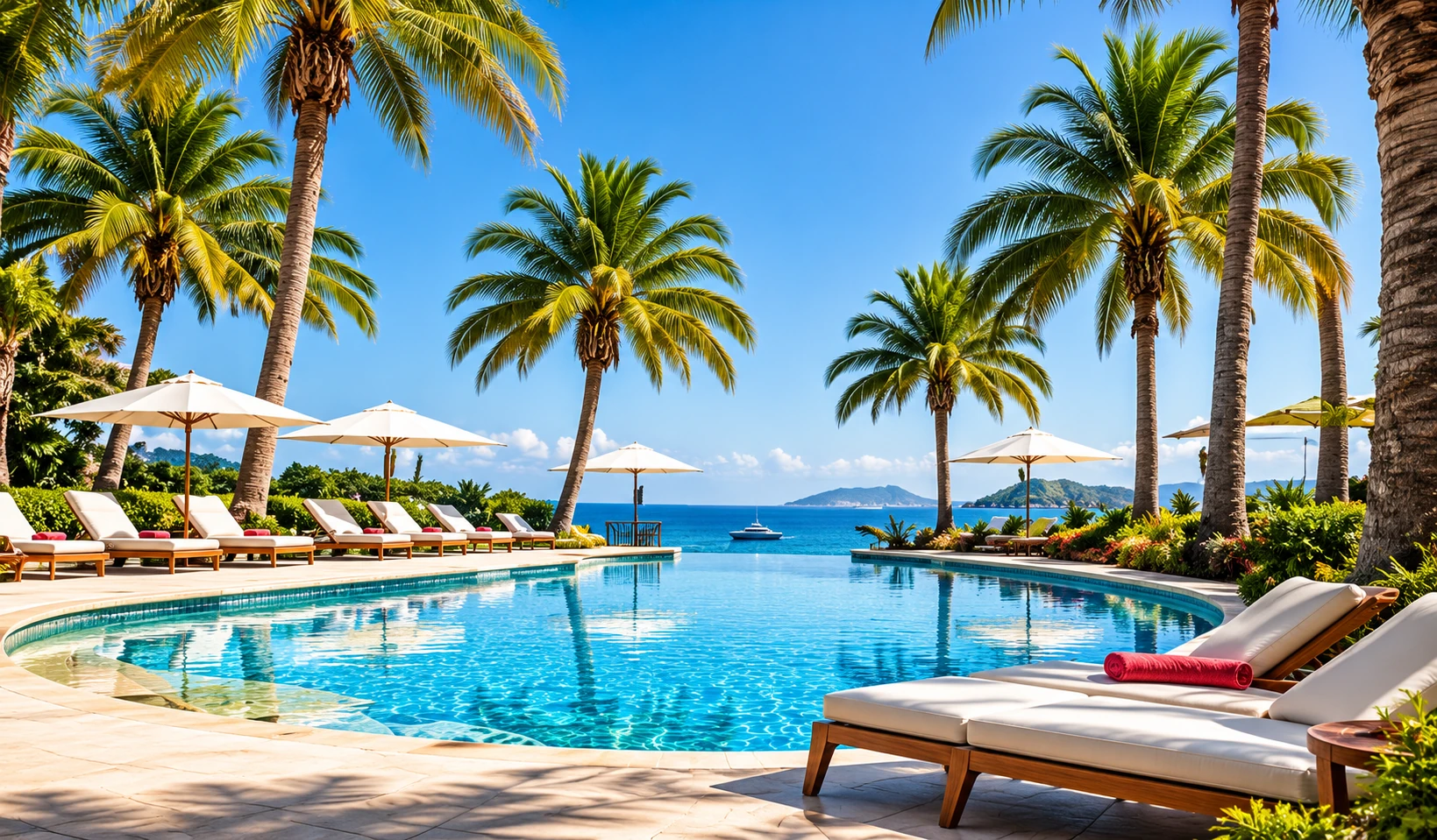 Luxury tropical all-inclusive resort with palm trees and swimming pool