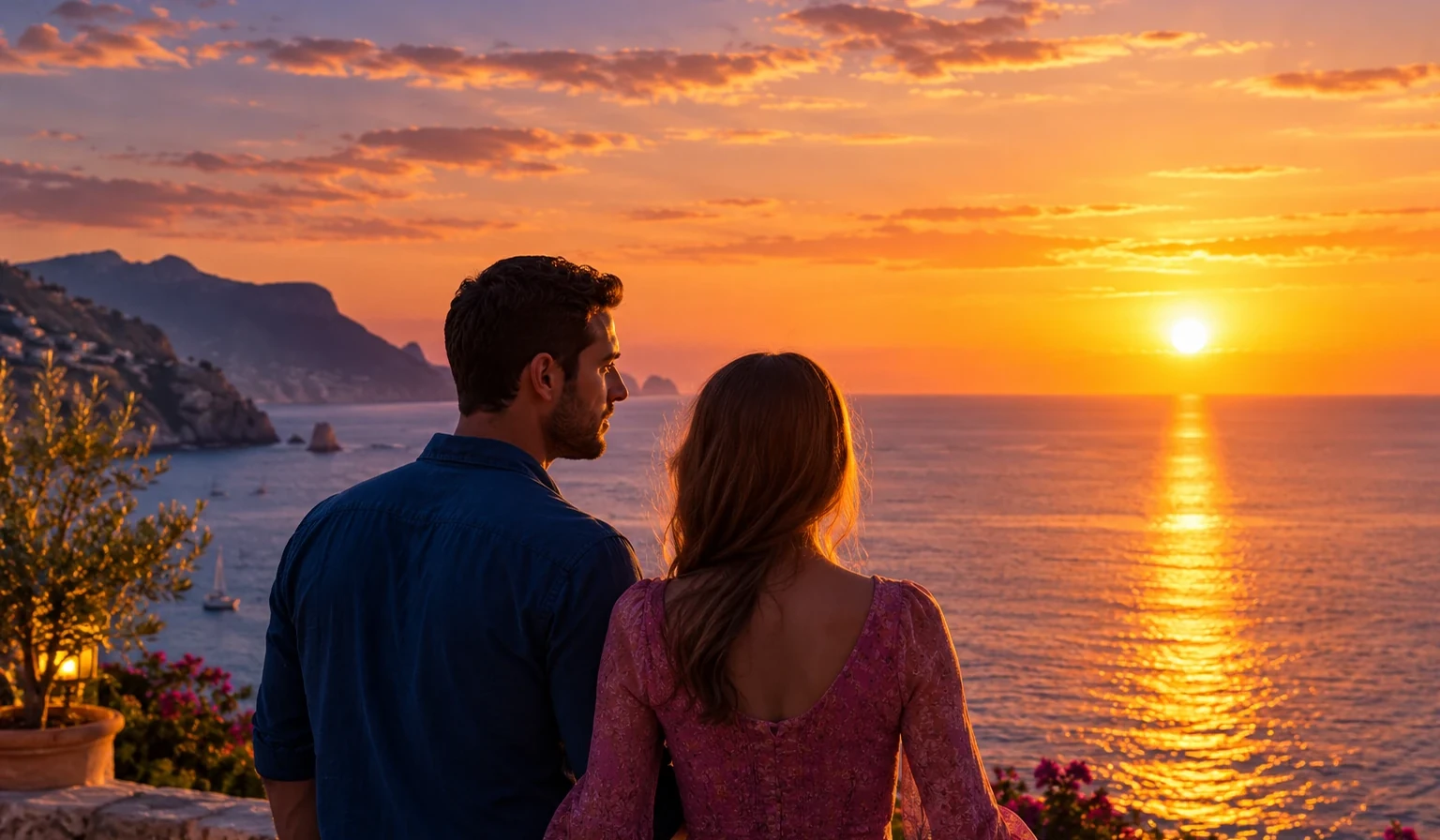 Romantic couple enjoying a beautiful sunset by the sea